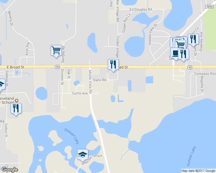 map of restaurants, bars, coffee shops, grocery stores, and more near 7350 Gano Road in Groveland