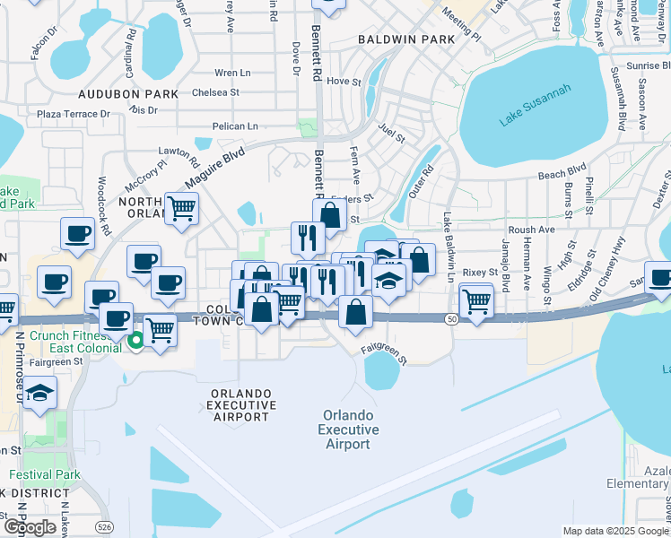map of restaurants, bars, coffee shops, grocery stores, and more near 813 Lowell Boulevard in Orlando