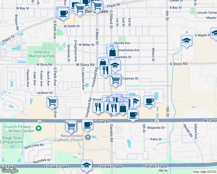 map of restaurants, bars, coffee shops, grocery stores, and more near 723 South Dillard Street in Winter Garden