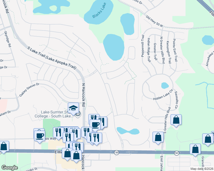 map of restaurants, bars, coffee shops, grocery stores, and more near 1046 Mesa Verde Court in Clermont
