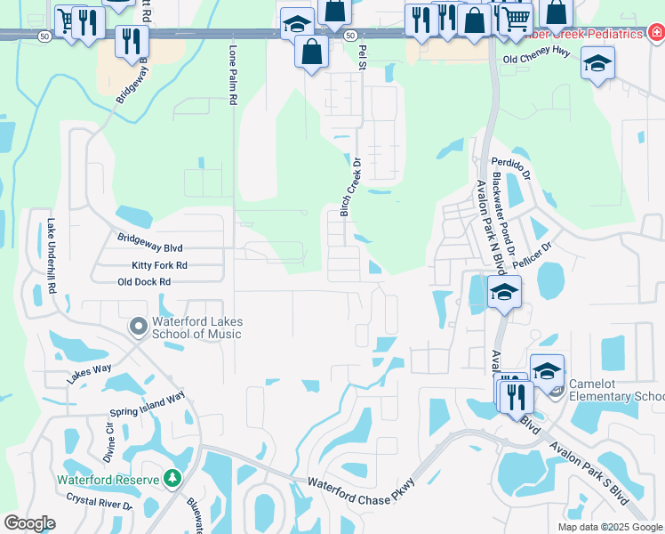 map of restaurants, bars, coffee shops, grocery stores, and more near 14001 Satin Grove Drive in Orlando