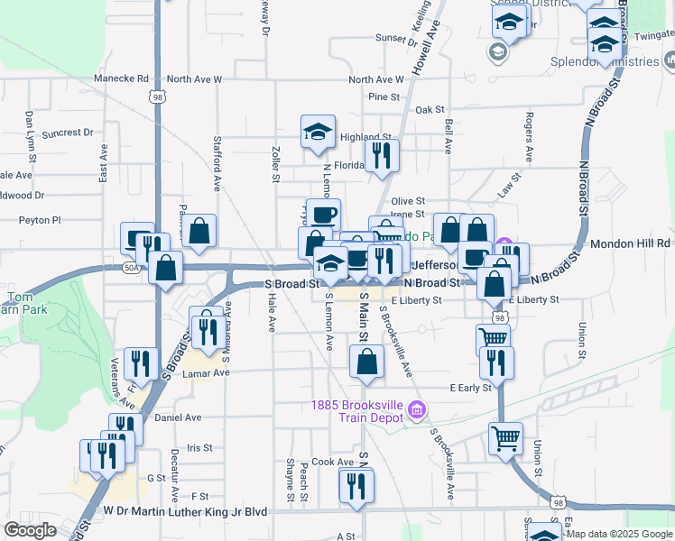 map of restaurants, bars, coffee shops, grocery stores, and more near 7 North Orange Avenue in Brooksville