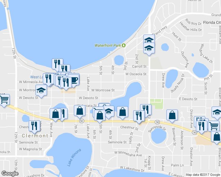 map of restaurants, bars, coffee shops, grocery stores, and more near 428 West Montrose Street in Clermont