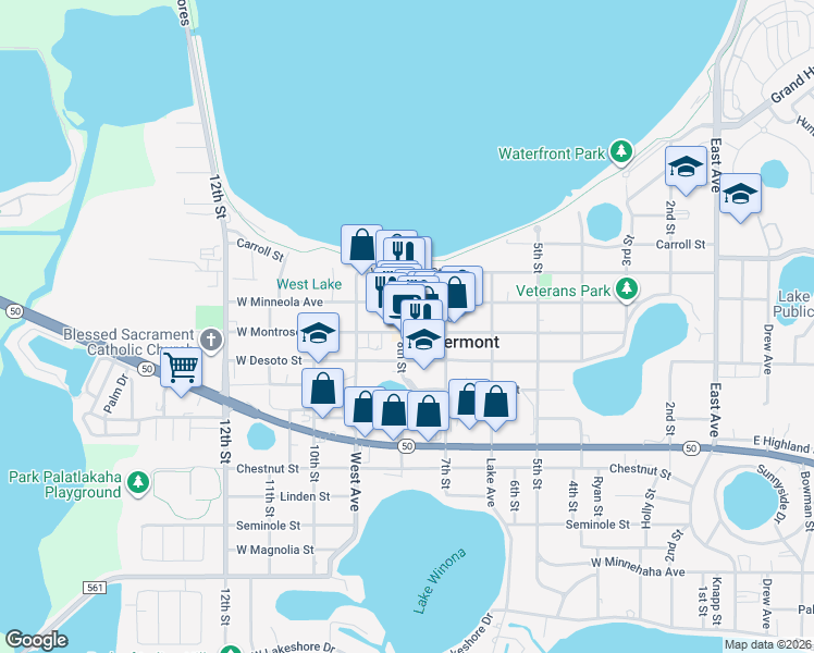 map of restaurants, bars, coffee shops, grocery stores, and more near 757 West Montrose Street in Clermont