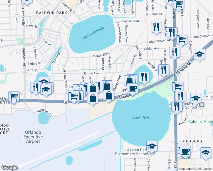 map of restaurants, bars, coffee shops, grocery stores, and more near 744 Eldridge Street in Orlando