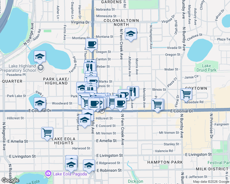map of restaurants, bars, coffee shops, grocery stores, and more near 1501 Park Lake Street in Orlando