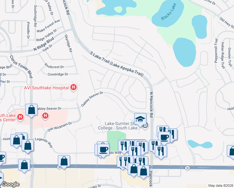 map of restaurants, bars, coffee shops, grocery stores, and more near 1056 Princeton Drive in Clermont