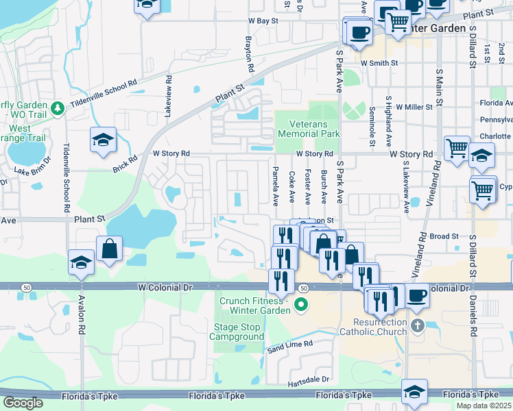 map of restaurants, bars, coffee shops, grocery stores, and more near 761 Royal Oak Drive East in Winter Garden