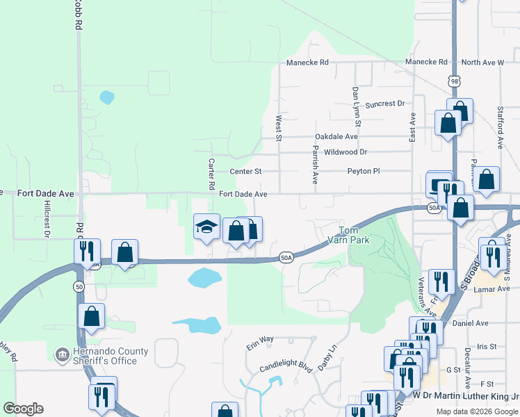 map of restaurants, bars, coffee shops, grocery stores, and more near 172 Estates Avenue in Brooksville
