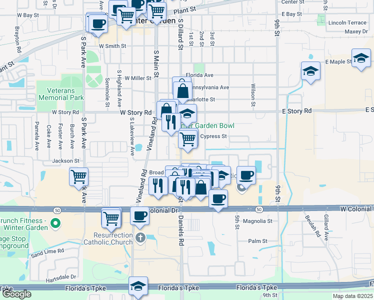 map of restaurants, bars, coffee shops, grocery stores, and more near 723 South Dillard Street in Winter Garden