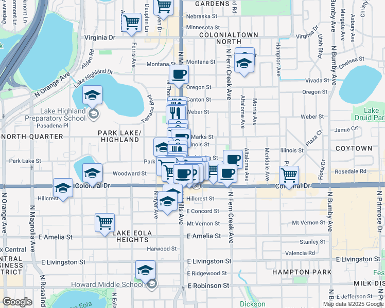 map of restaurants, bars, coffee shops, grocery stores, and more near 1235 Park Lake Street in Orlando