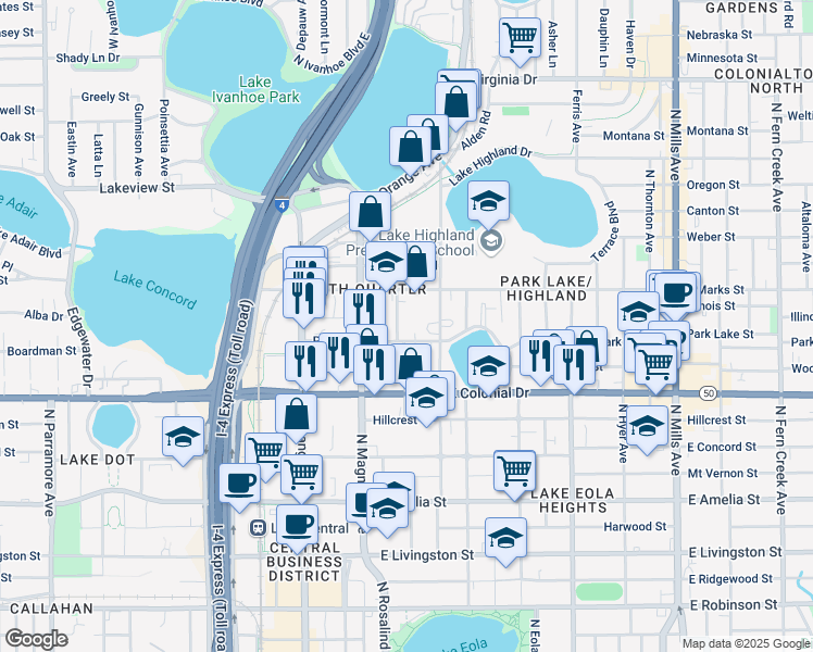 map of restaurants, bars, coffee shops, grocery stores, and more near 815 Irma Avenue in Orlando