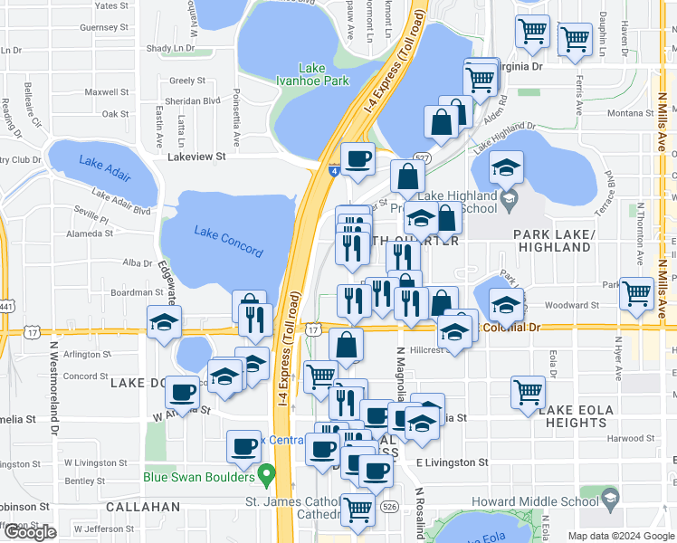 map of restaurants, bars, coffee shops, grocery stores, and more near 860 North Orange Avenue in Orlando