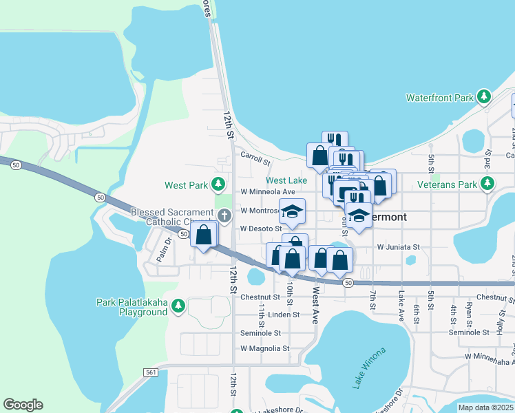 map of restaurants, bars, coffee shops, grocery stores, and more near 1149 West Montrose Street in Clermont