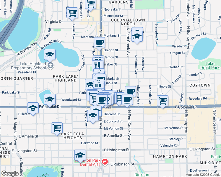 map of restaurants, bars, coffee shops, grocery stores, and more near 1235 Park Lake St in Orlando
