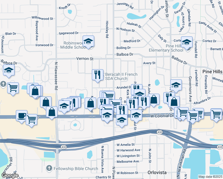map of restaurants, bars, coffee shops, grocery stores, and more near 1007 Observatory Court in Orlando