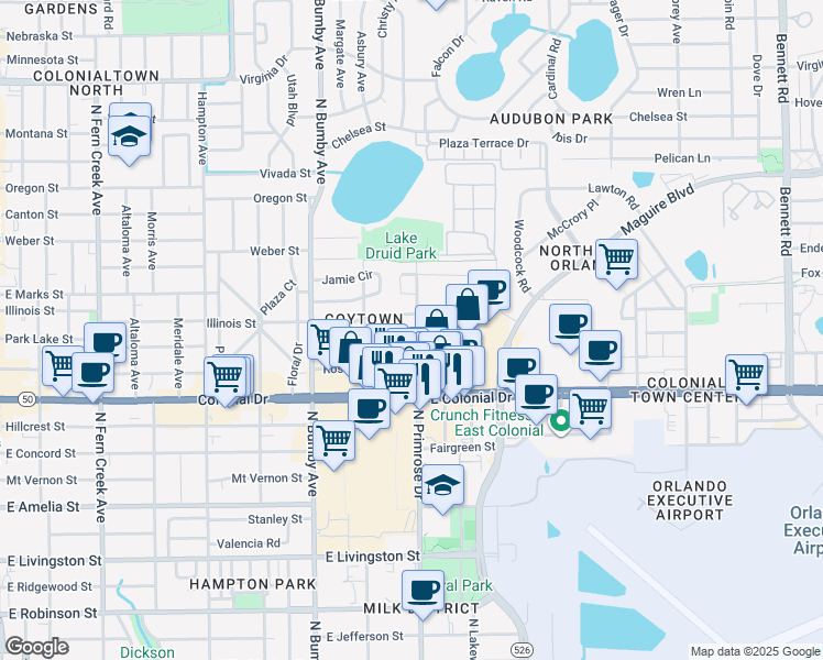 map of restaurants, bars, coffee shops, grocery stores, and more near 2722 Homer Circle in Orlando
