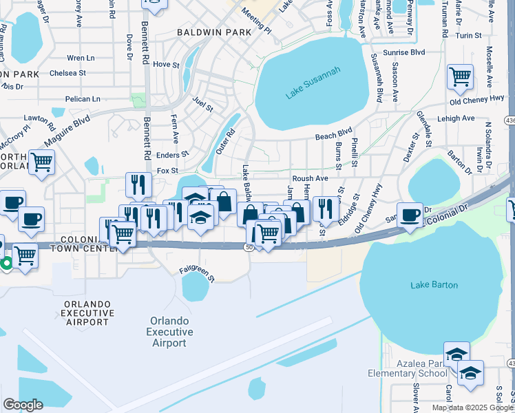 map of restaurants, bars, coffee shops, grocery stores, and more near 4315 Rixey Street in Orlando