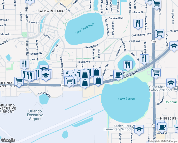 map of restaurants, bars, coffee shops, grocery stores, and more near 805 Wingo Street in Orlando