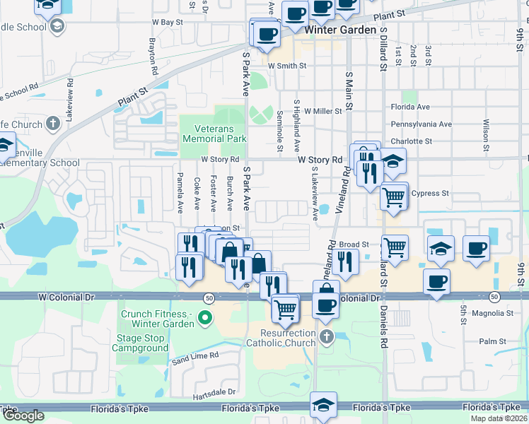 map of restaurants, bars, coffee shops, grocery stores, and more near 2-798 Hamlin Road in Winter Garden