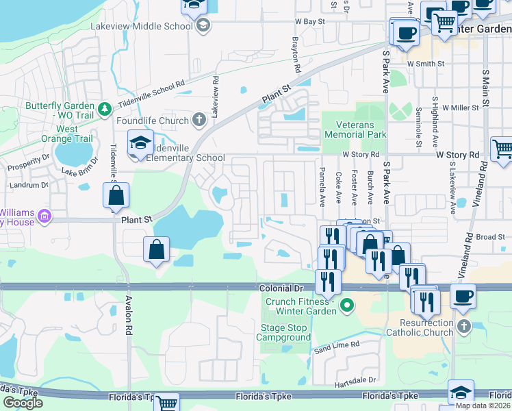 map of restaurants, bars, coffee shops, grocery stores, and more near 845 Alexander in Winter Garden