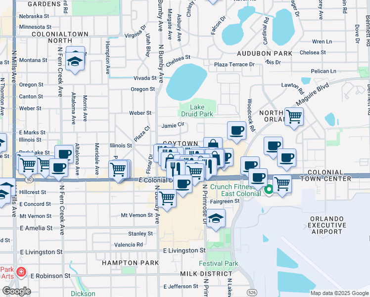 map of restaurants, bars, coffee shops, grocery stores, and more near 2609 Betty Street in Orlando