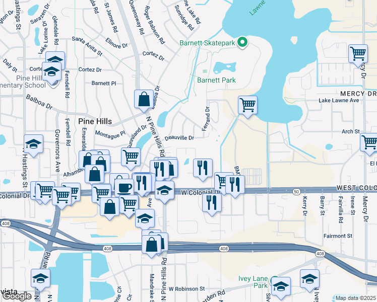 map of restaurants, bars, coffee shops, grocery stores, and more near 817 Pickfield Court in Orlando