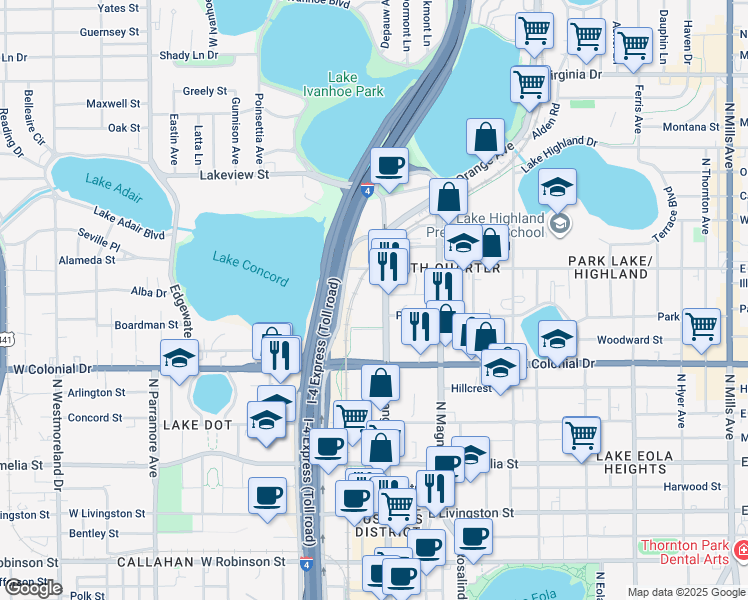 map of restaurants, bars, coffee shops, grocery stores, and more near 860 North Orange Avenue in Orlando
