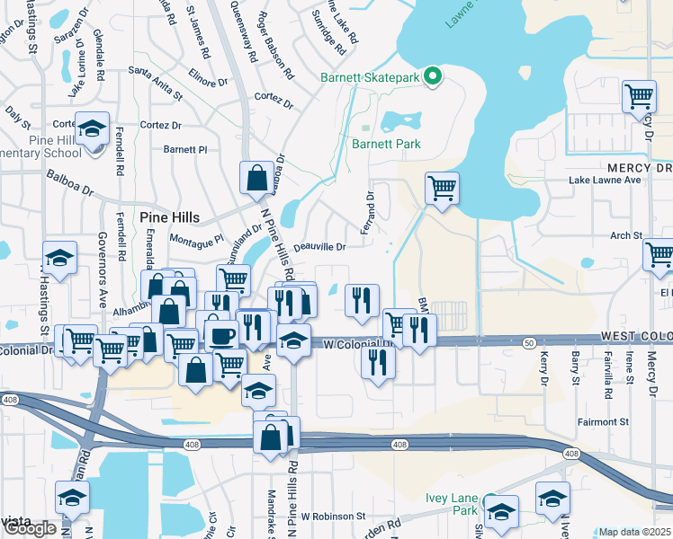 map of restaurants, bars, coffee shops, grocery stores, and more near 817 Pickfield Court in Orlando