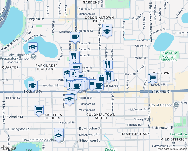 map of restaurants, bars, coffee shops, grocery stores, and more near 803 La Salle Avenue in Orlando