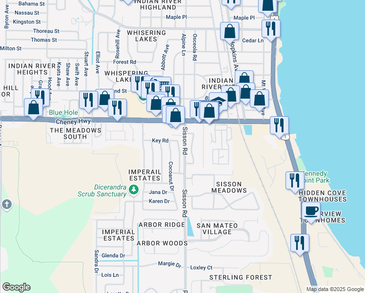 map of restaurants, bars, coffee shops, grocery stores, and more near 4745 East Key Drive in Titusville