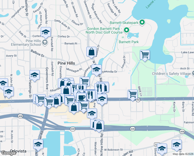 map of restaurants, bars, coffee shops, grocery stores, and more near 800 North Pine Hills Road in Orlando
