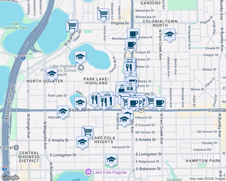 map of restaurants, bars, coffee shops, grocery stores, and more near 817 Laurel Avenue in Orlando
