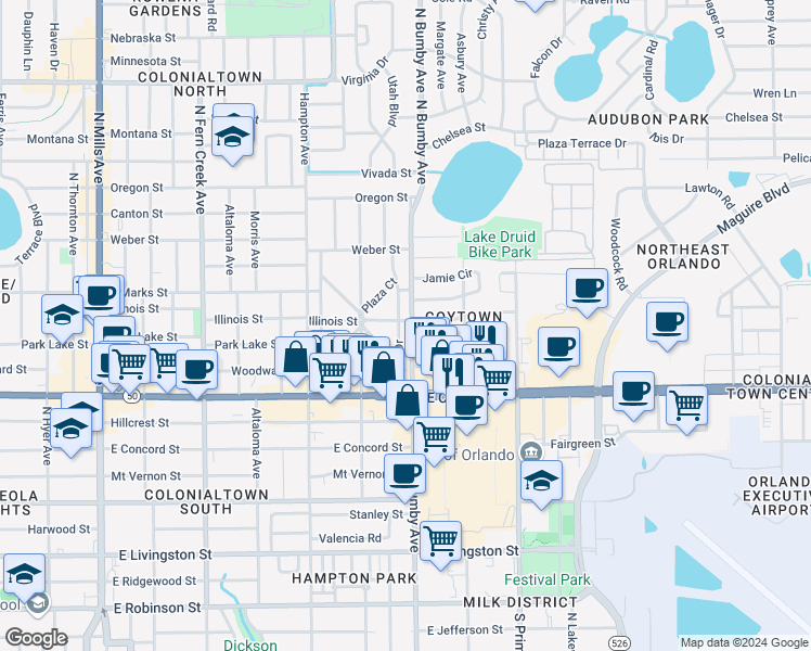 map of restaurants, bars, coffee shops, grocery stores, and more near 815 Floral Drive in Orlando