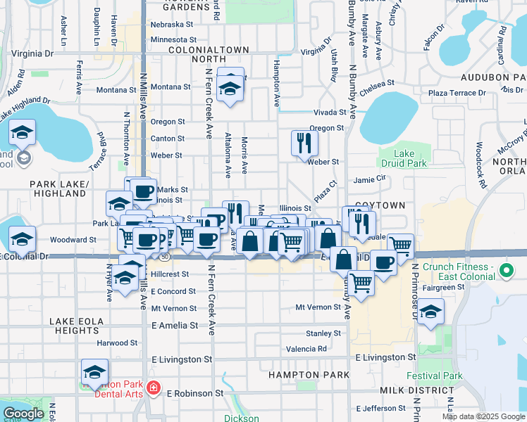 map of restaurants, bars, coffee shops, grocery stores, and more near 1902 Illinois Street in Orlando
