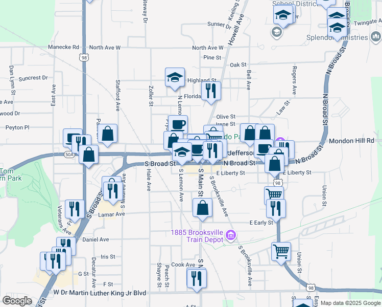 map of restaurants, bars, coffee shops, grocery stores, and more near 7 North Orange Avenue in Brooksville