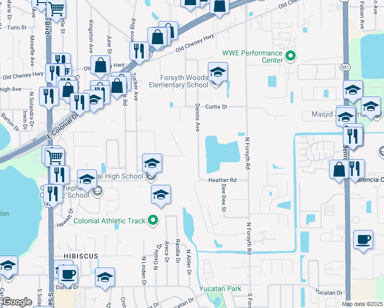 map of restaurants, bars, coffee shops, grocery stores, and more near 800 Dennis Avenue in Orlando