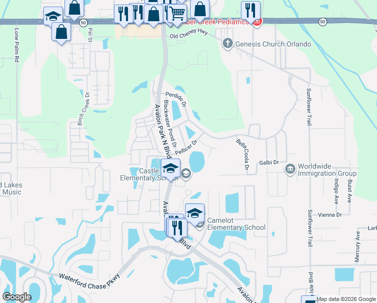 map of restaurants, bars, coffee shops, grocery stores, and more near 14834 Pellicer Drive in Orlando