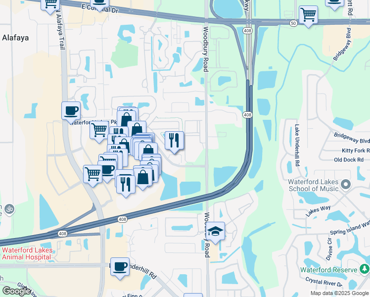 map of restaurants, bars, coffee shops, grocery stores, and more near 1317 Waterford Oak Drive in Orlando
