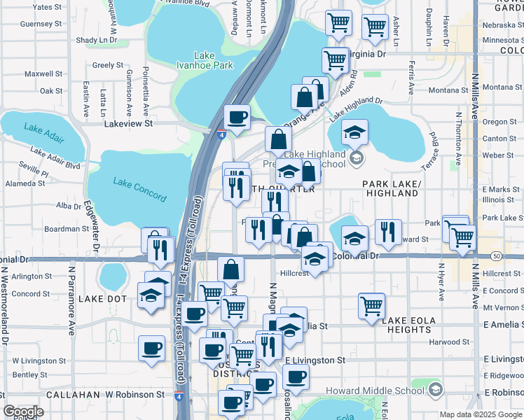 map of restaurants, bars, coffee shops, grocery stores, and more near 800 North Magnolia Avenue in Orlando
