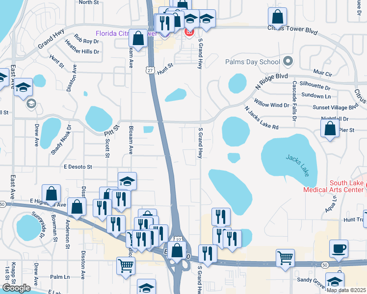 map of restaurants, bars, coffee shops, grocery stores, and more near 630 South Grand Highway in Clermont