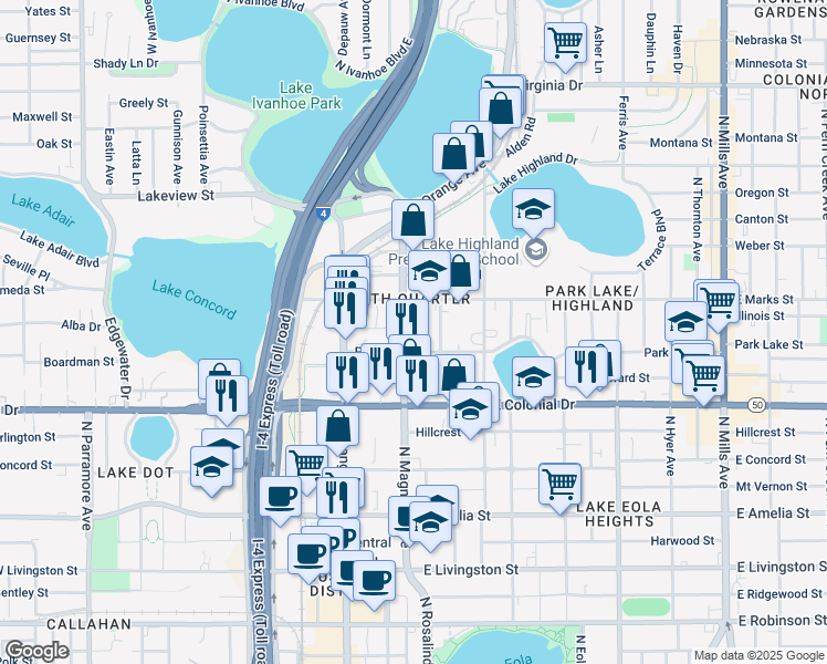 map of restaurants, bars, coffee shops, grocery stores, and more near 815 North Magnolia Avenue in Orlando
