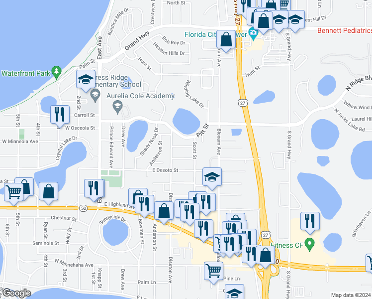map of restaurants, bars, coffee shops, grocery stores, and more near 561 West Minneola Avenue in Clermont