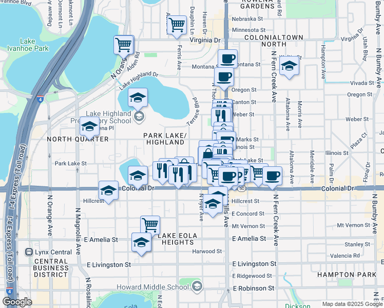map of restaurants, bars, coffee shops, grocery stores, and more near 817 Laurel Avenue in Orlando