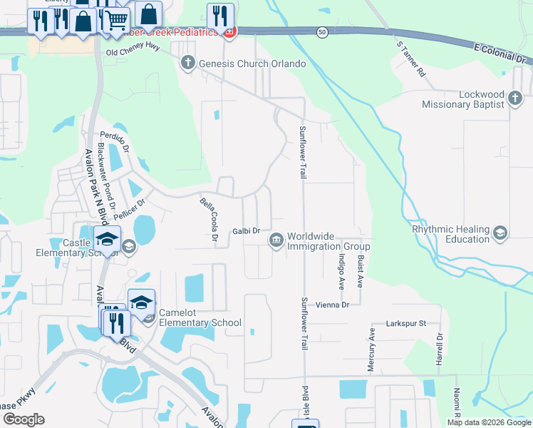 map of restaurants, bars, coffee shops, grocery stores, and more near 1353 Karok Street in Orlando