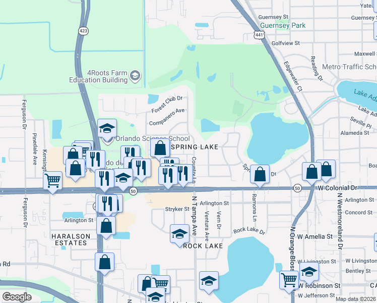 map of restaurants, bars, coffee shops, grocery stores, and more near 2015 South Countryside Circle in Orlando