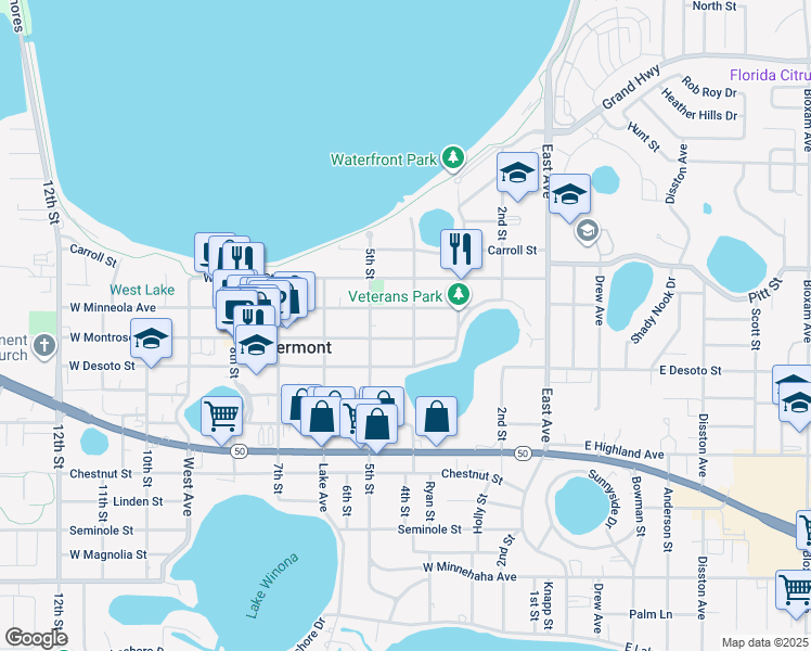map of restaurants, bars, coffee shops, grocery stores, and more near 428 West Montrose Street in Clermont