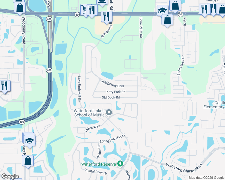 map of restaurants, bars, coffee shops, grocery stores, and more near 13431 Kitty Fork Road in Orlando