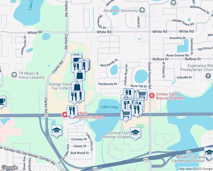 map of restaurants, bars, coffee shops, grocery stores, and more near 9060 Floribunda Drive in Orlando