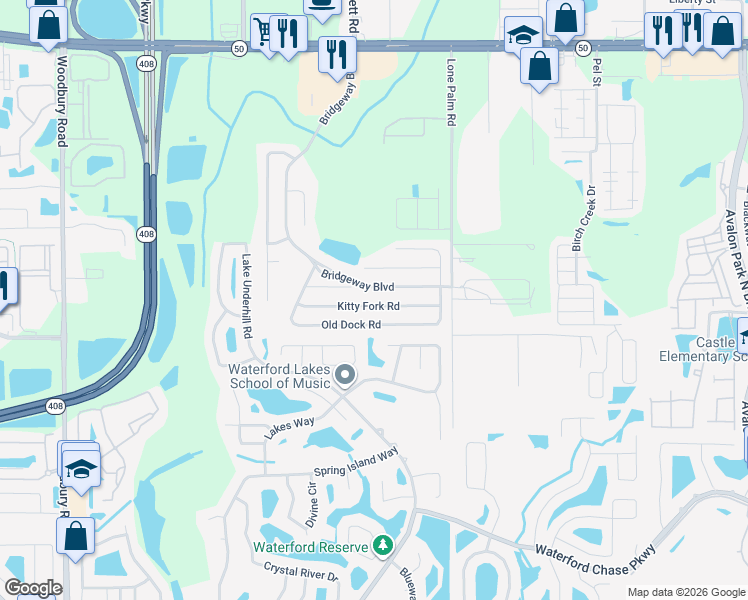 map of restaurants, bars, coffee shops, grocery stores, and more near 13431 Kitty Fork Road in Orlando